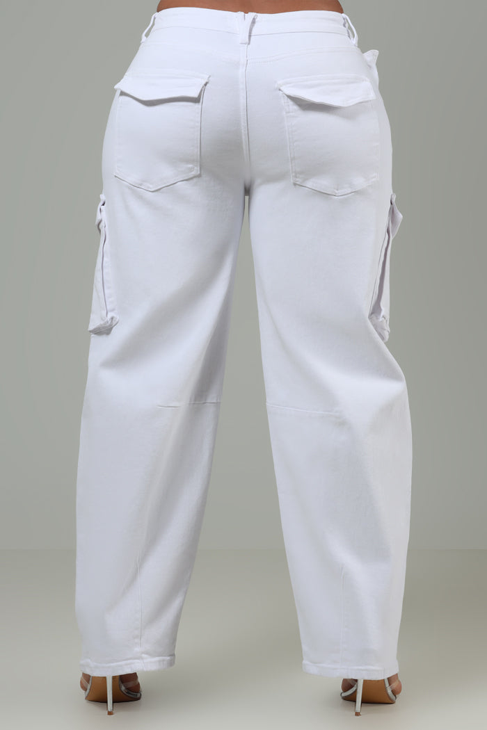 Get It Done High Rise Cargo Barrel Jeans - White