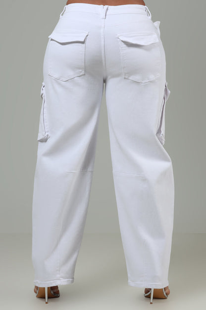 Get It Done High Rise Cargo Barrel Jeans - White