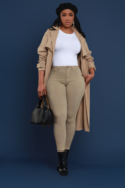 Super Swank High Rise Belt Loop Stretchy Skinny Jeans - Khaki