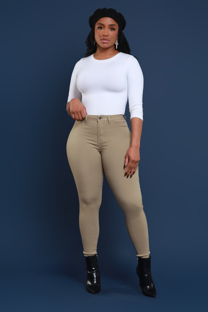 Super Swank High Rise Belt Loop Stretchy Skinny Jeans - Khaki