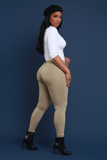 Super Swank High Rise Belt Loop Stretchy Skinny Jeans - Khaki