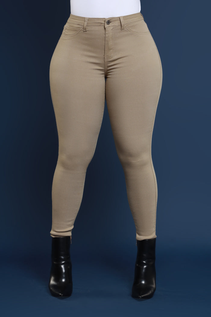 Super Swank High Rise Belt Loop Stretchy Skinny Jeans - Khaki