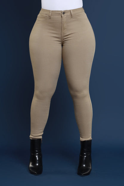 Super Swank High Rise Belt Loop Stretchy Skinny Jeans - Khaki