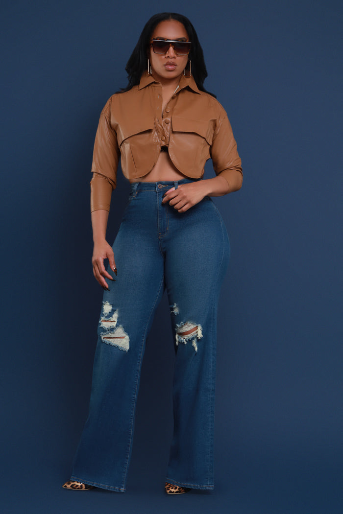 Just Kidding High Rise Distressed Wide Leg Jeans - Med Wash