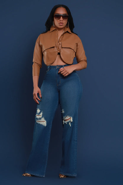 Just Kidding High Rise Distressed Wide Leg Jeans - Med Wash