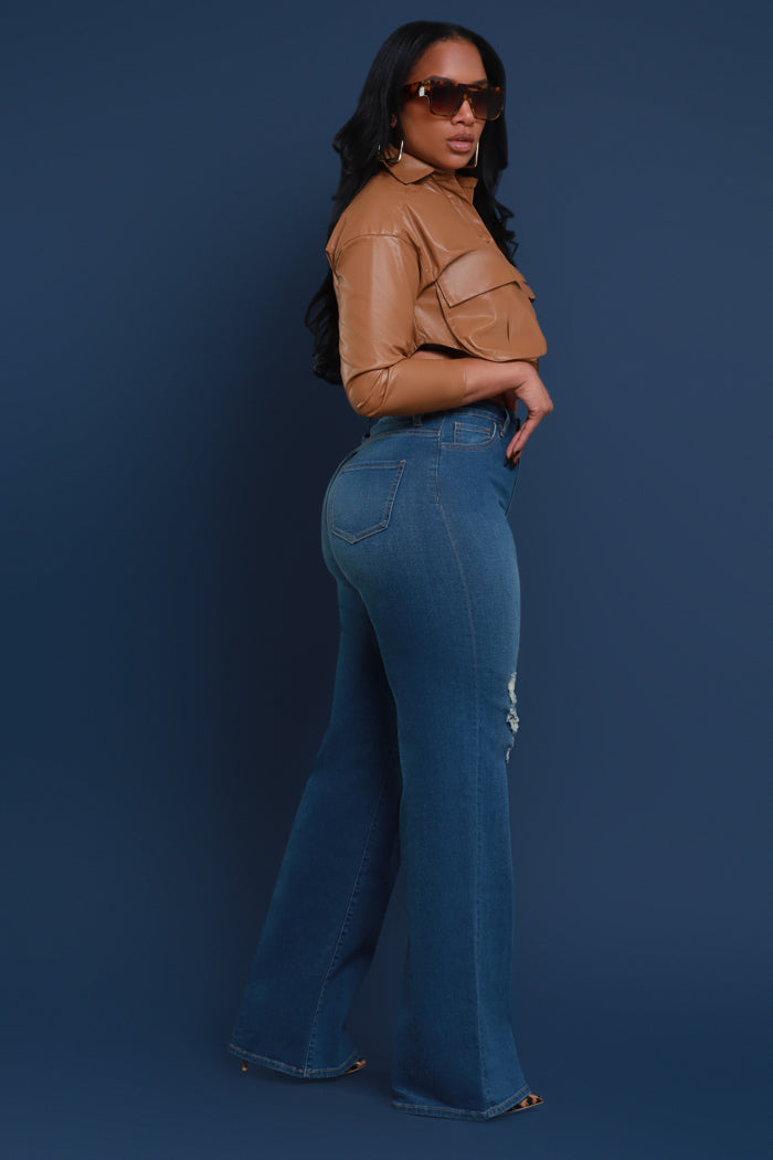Just Kidding High Rise Distressed Wide Leg Jeans - Med Wash