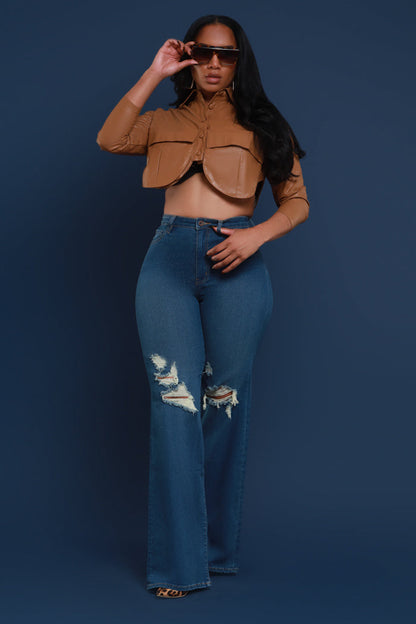 Just Kidding High Rise Distressed Wide Leg Jeans - Med Wash