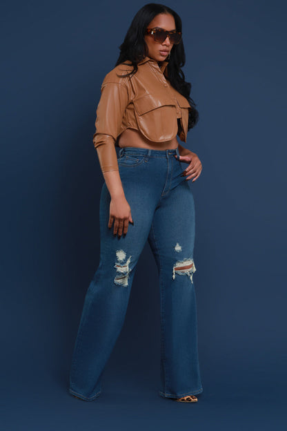 Just Kidding High Rise Distressed Wide Leg Jeans - Med Wash