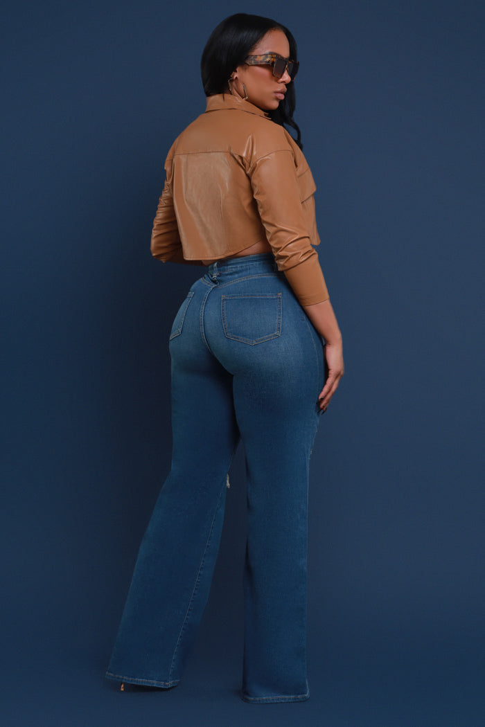 Just Kidding High Rise Distressed Wide Leg Jeans - Med Wash