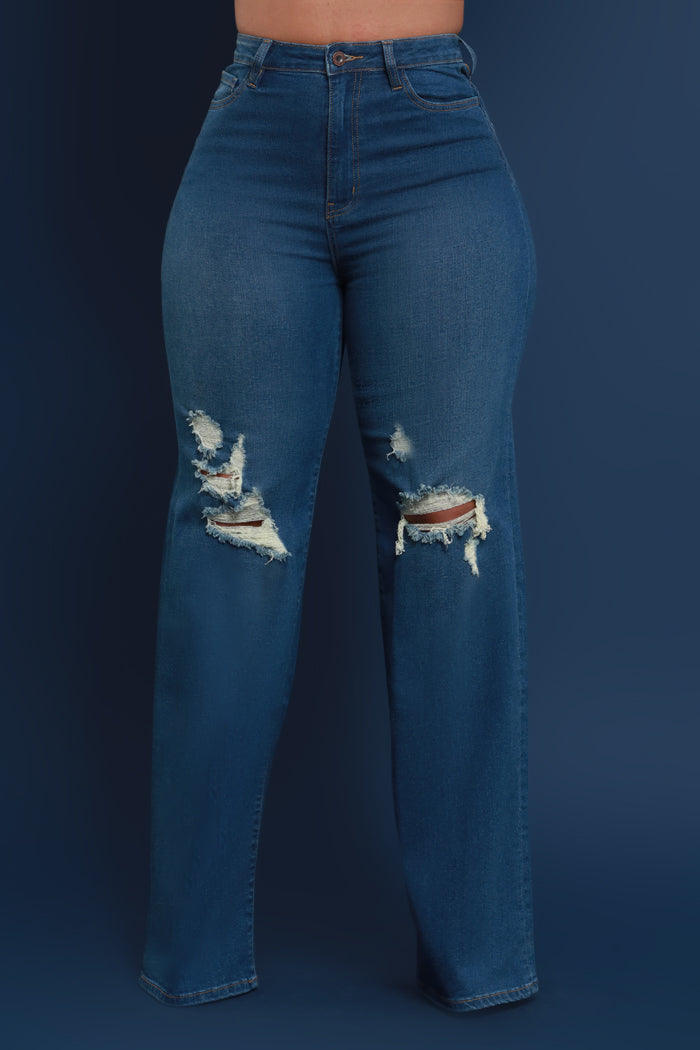 Just Kidding High Rise Distressed Wide Leg Jeans - Med Wash