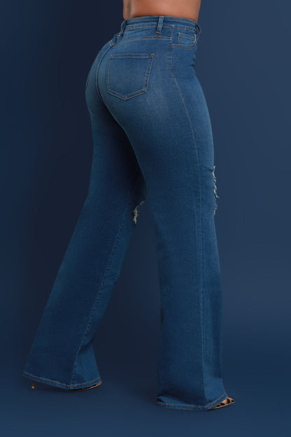Just Kidding High Rise Distressed Wide Leg Jeans - Med Wash