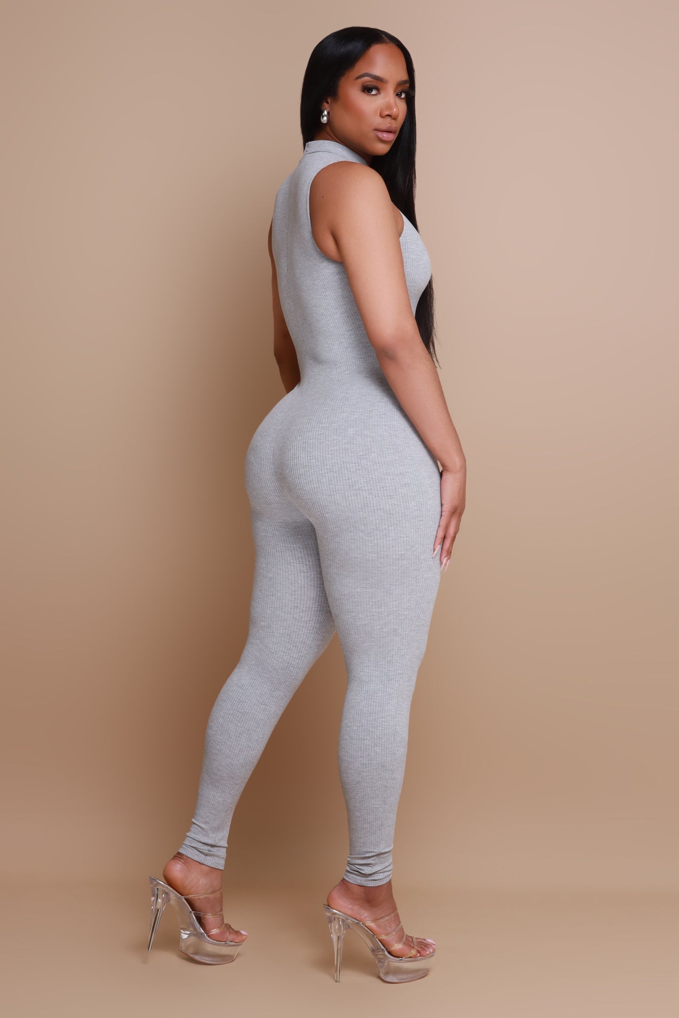 Call Back High Neck Cellulite Deleter Jumpsuit - Heather Grey
