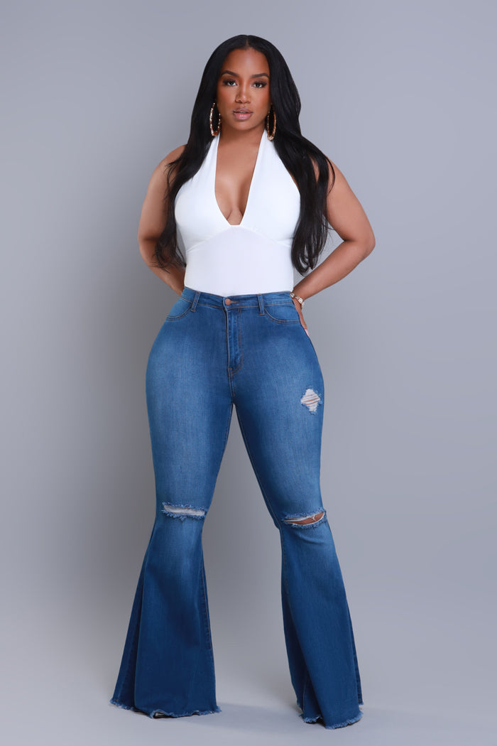 Frontline High Rise Frayed Bell Bottom Jeans - Mid Wash
