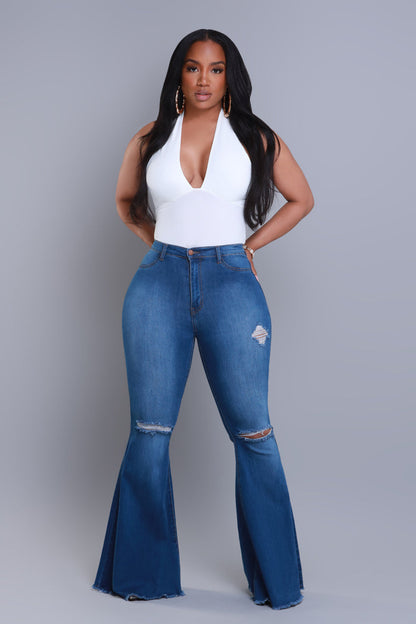 Frontline High Rise Frayed Bell Bottom Jeans - Mid Wash