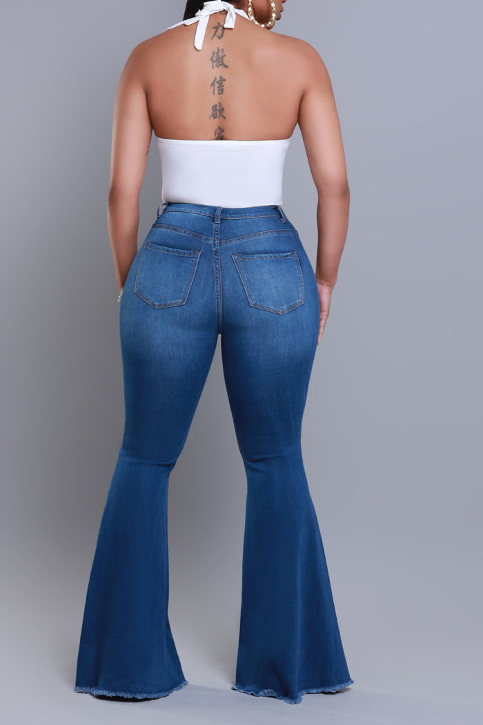 Frontline High Rise Frayed Bell Bottom Jeans - Mid Wash