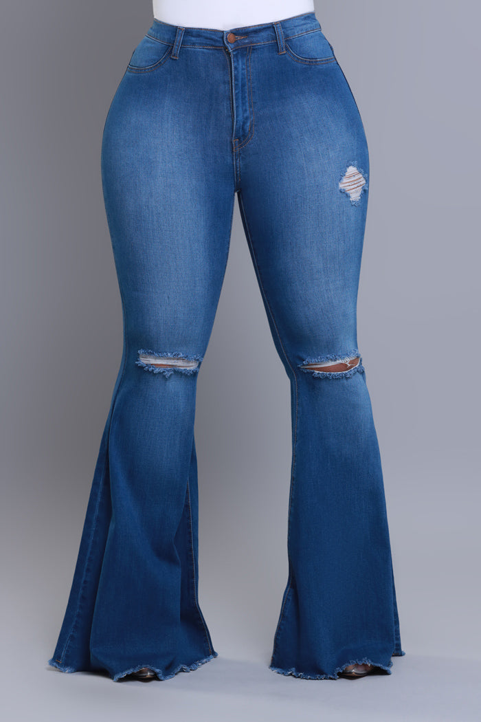 Frontline High Rise Frayed Bell Bottom Jeans - Mid Wash