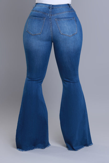 Frontline High Rise Frayed Bell Bottom Jeans - Mid Wash