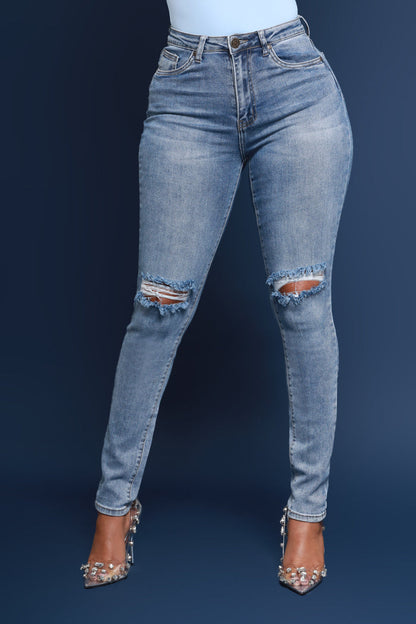 Side Piece High Rise Ripped Skinny Jeans - Light Wash