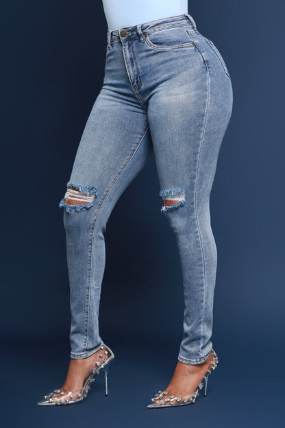 Side Piece High Rise Ripped Skinny Jeans - Light Wash