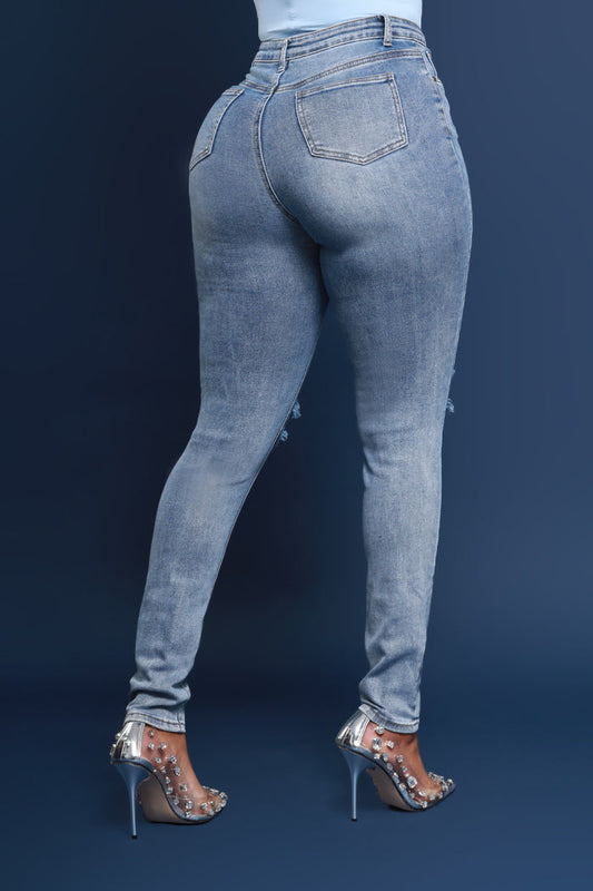 Side Piece High Rise Ripped Skinny Jeans - Light Wash
