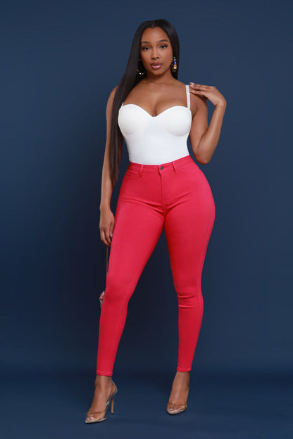 Super Swank High Rise Belt Loop Stretchy Skinny Jeans - Fuchsia
