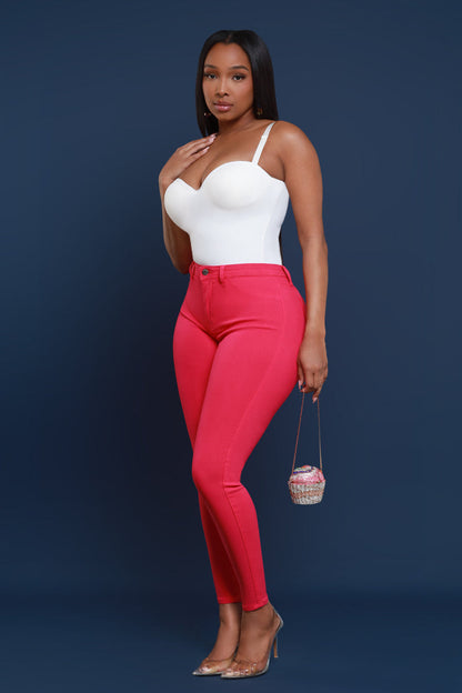 Super Swank High Rise Belt Loop Stretchy Skinny Jeans - Fuchsia