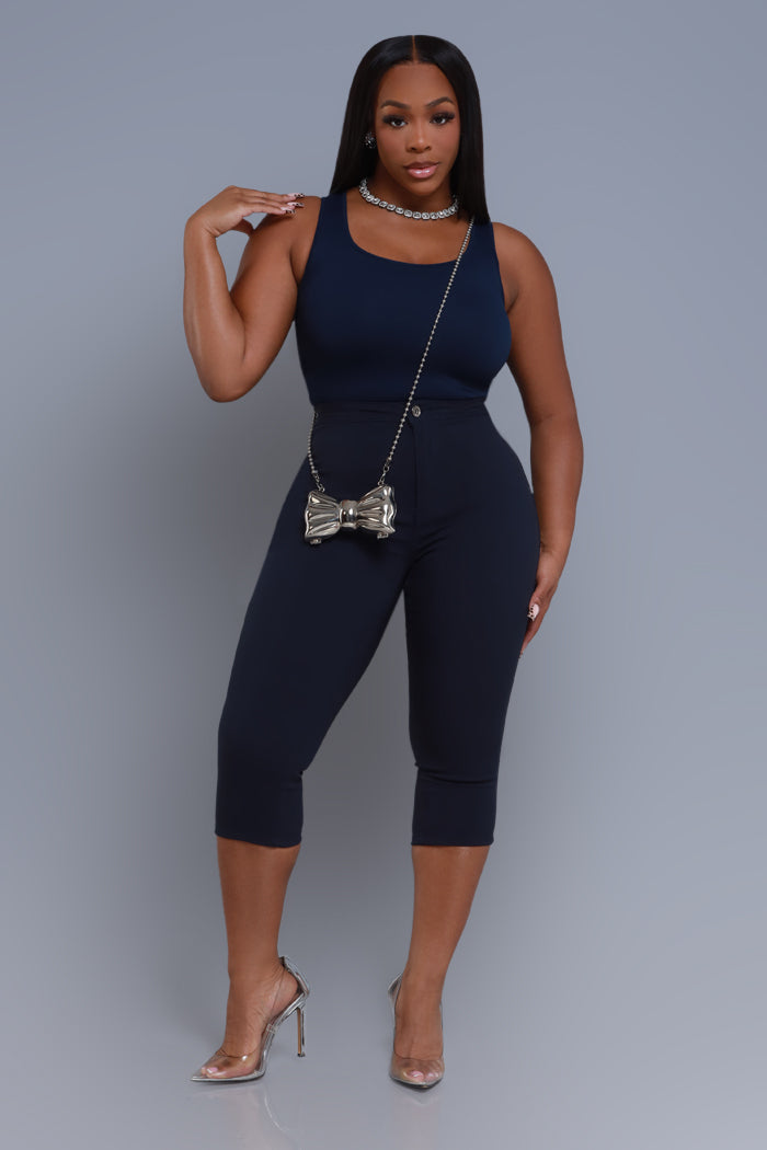 Super Swank High Rise Stretchy Capri Pants - Navy Blue