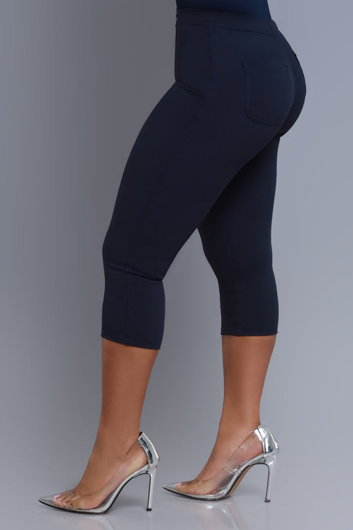 Super Swank High Rise Stretchy Capri Pants - Navy Blue