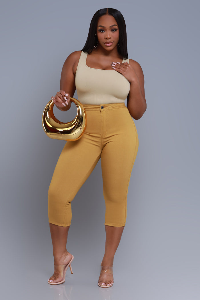 Super Swank High Rise Stretchy Capri Pants - Mustard