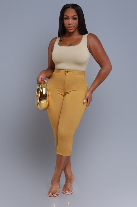 Super Swank High Rise Stretchy Capri Pants - Mustard