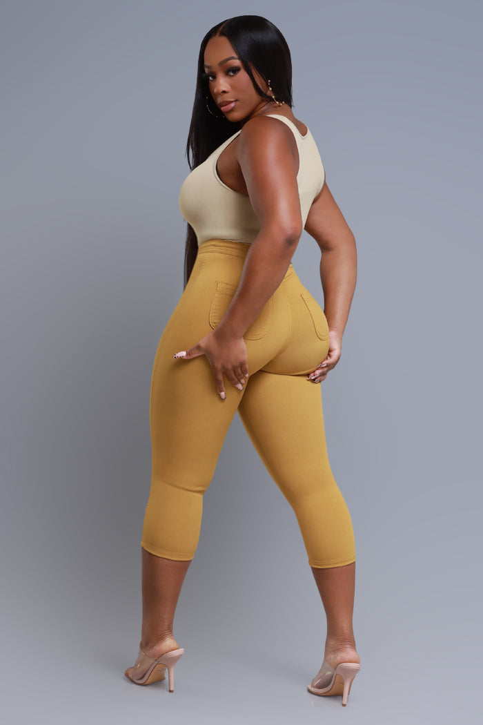 Super Swank High Rise Stretchy Capri Pants - Mustard