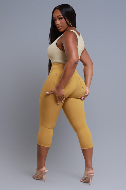 Super Swank High Rise Stretchy Capri Pants - Mustard