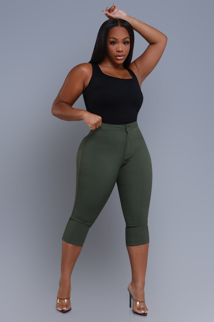 Super Swank High Rise Stretchy Capri Pants - Olive