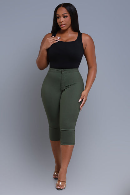 Super Swank High Rise Stretchy Capri Pants - Olive