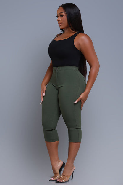 Super Swank High Rise Stretchy Capri Pants - Olive