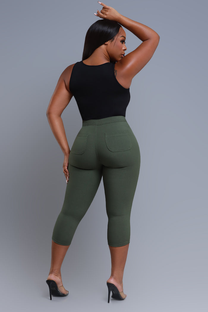 Super Swank High Rise Stretchy Capri Pants - Olive