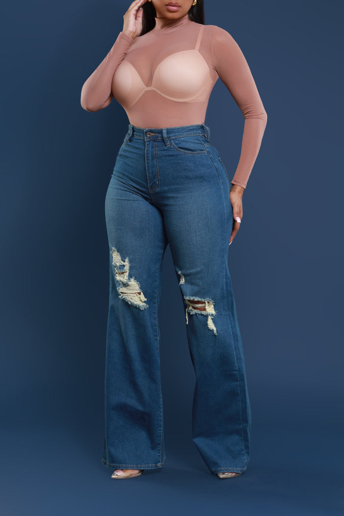 Just Kidding High Rise Distressed Wide Leg Jeans - Med Wash