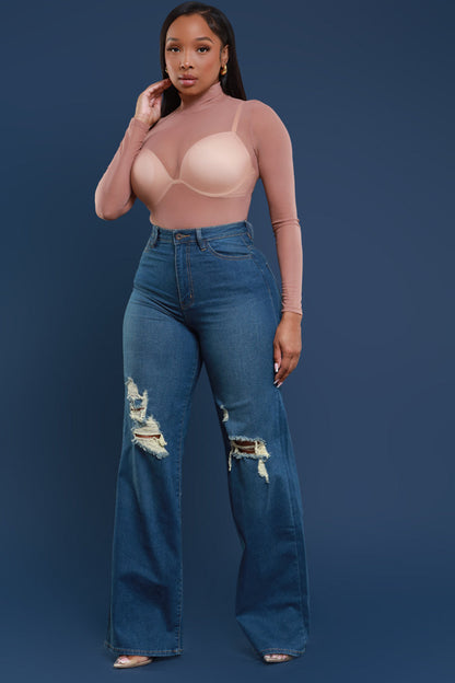 Just Kidding High Rise Distressed Wide Leg Jeans - Med Wash