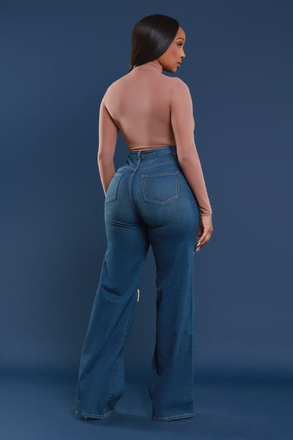 Just Kidding High Rise Distressed Wide Leg Jeans - Med Wash