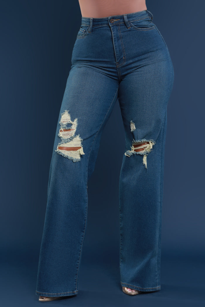 Just Kidding High Rise Distressed Wide Leg Jeans - Med Wash