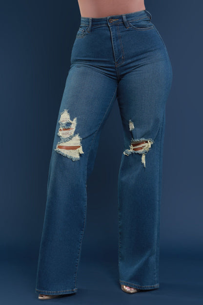 Just Kidding High Rise Distressed Wide Leg Jeans - Med Wash