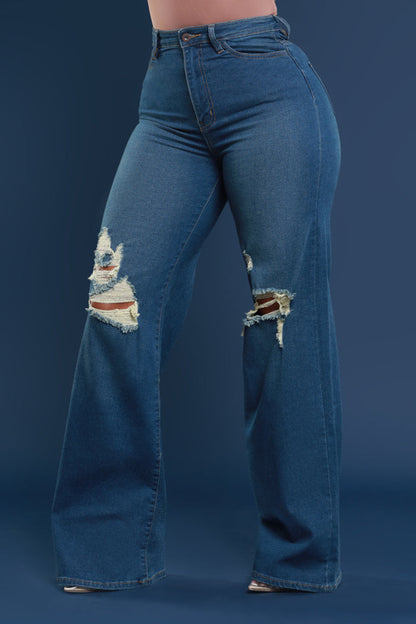 Just Kidding High Rise Distressed Wide Leg Jeans - Med Wash