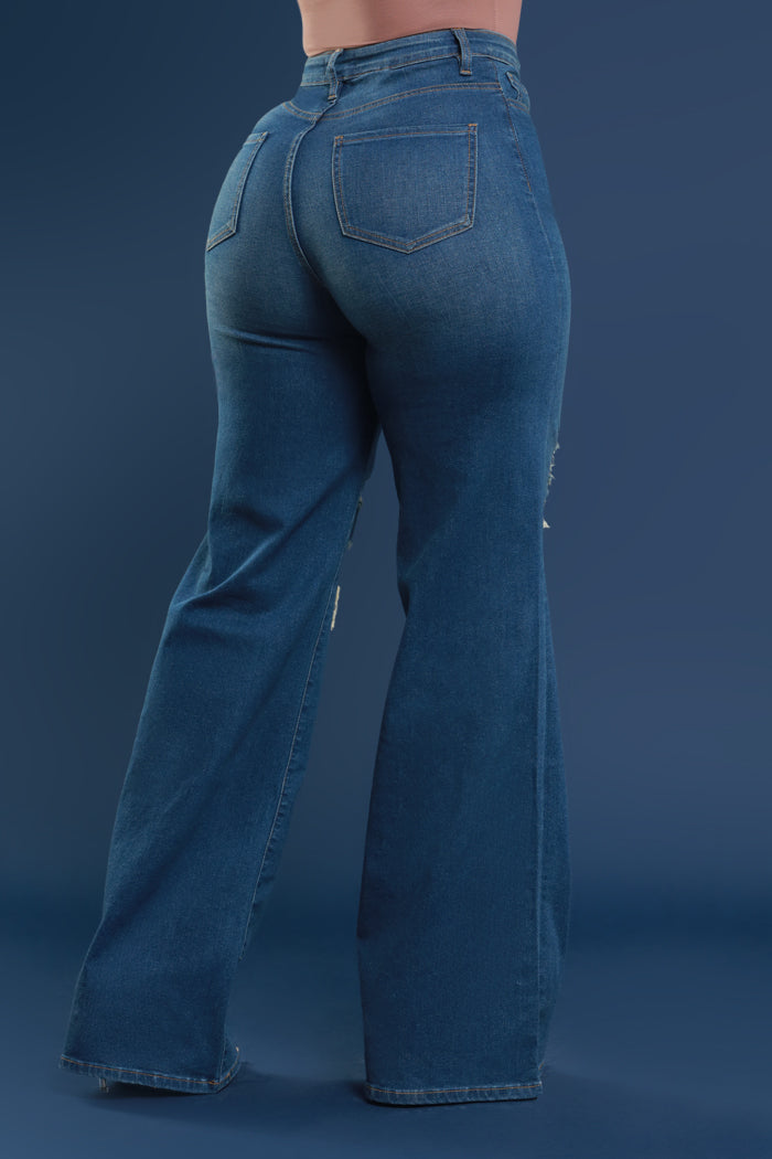 Just Kidding High Rise Distressed Wide Leg Jeans - Med Wash