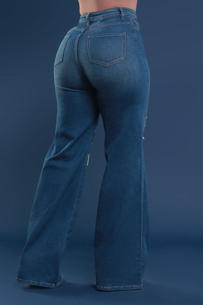 Just Kidding High Rise Distressed Wide Leg Jeans - Med Wash