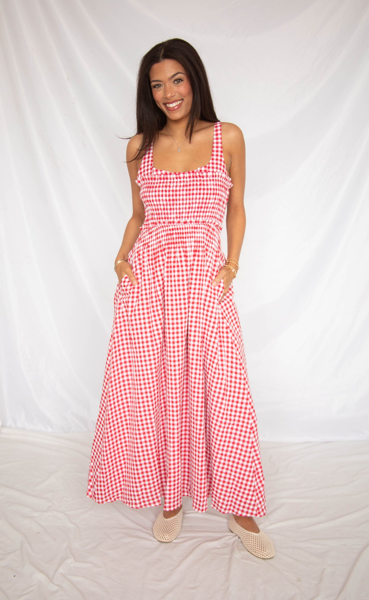 stories to tell gingham maxi dress