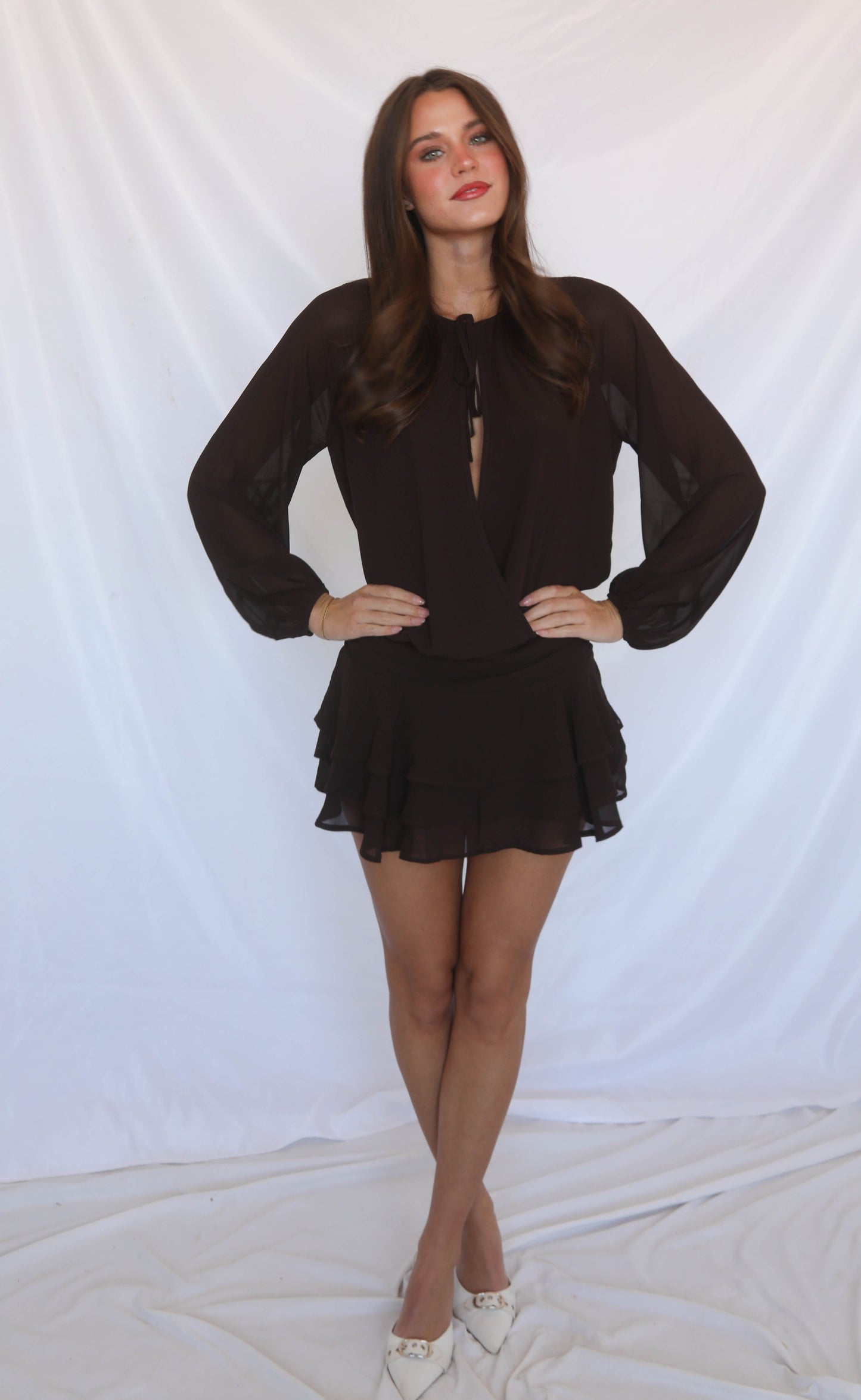 in my heart surplice drop waist mini dress