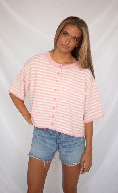 can't be without striped short sleeve cardigan - pink