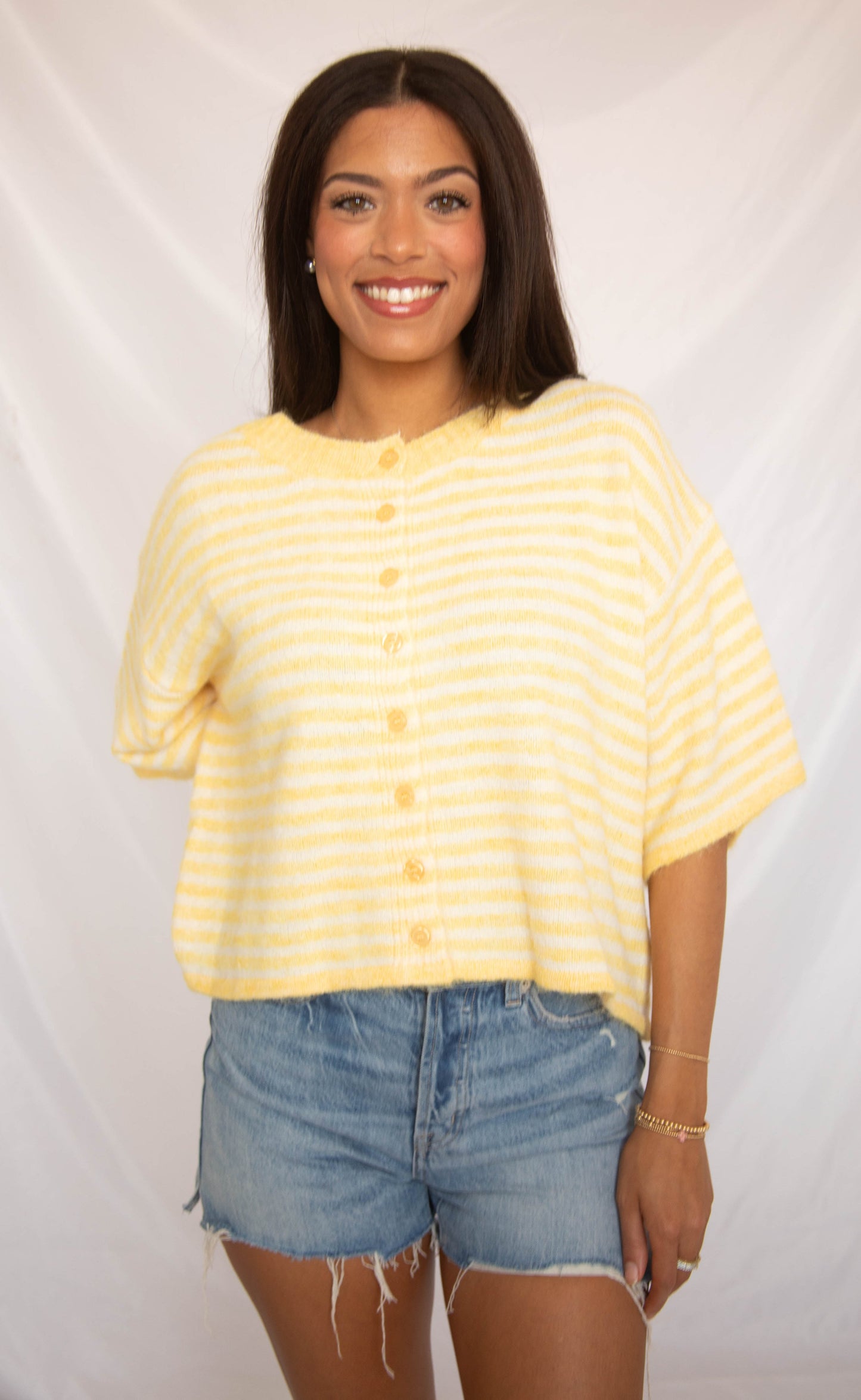 can't be without striped short sleeve cardigan - yellow