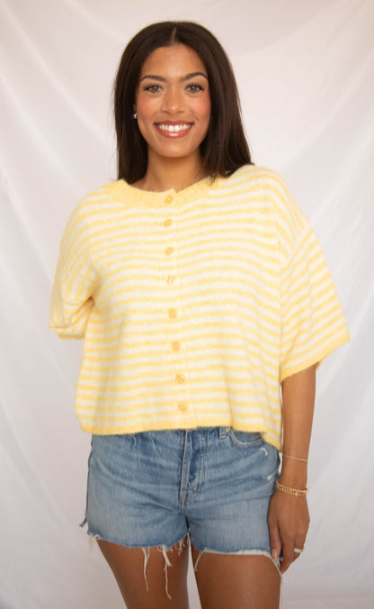 can't be without striped short sleeve cardigan - yellow