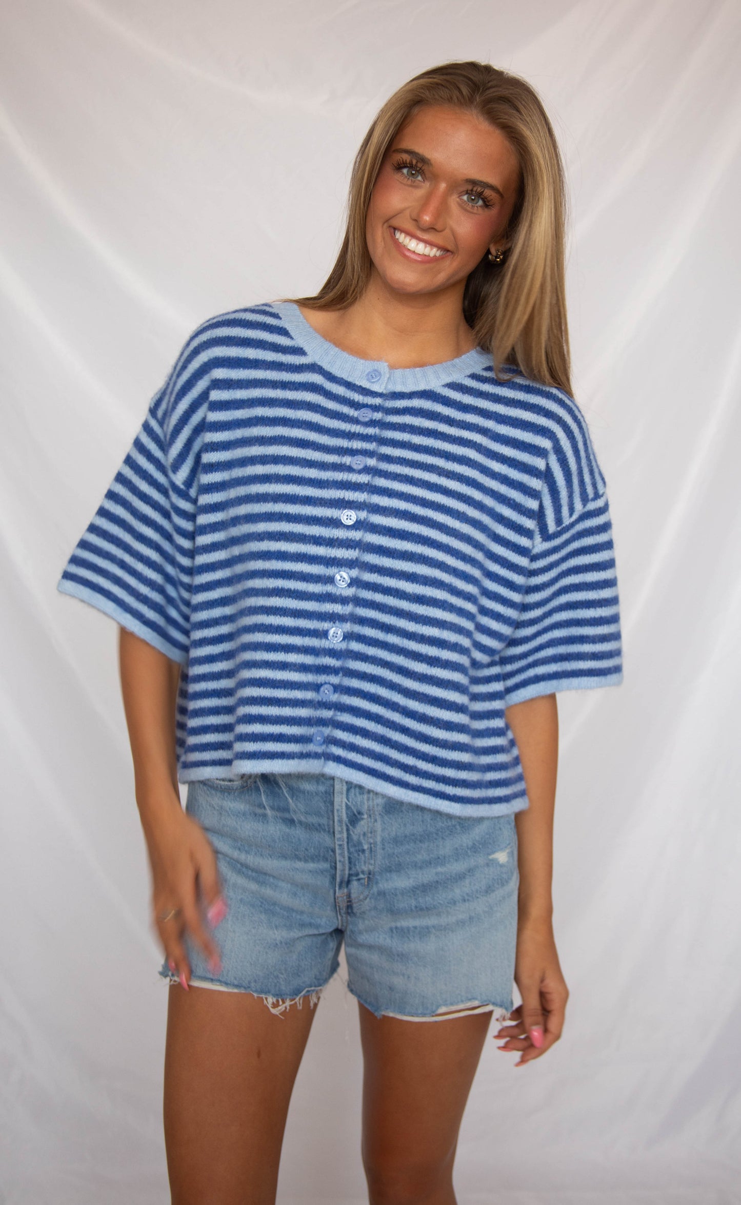 can't be without striped short sleeve cardigan - blue